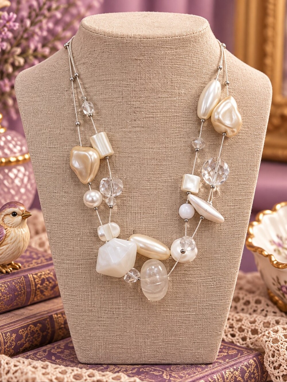 Y2K 90s Chunky Pearl and Crystal Necklace